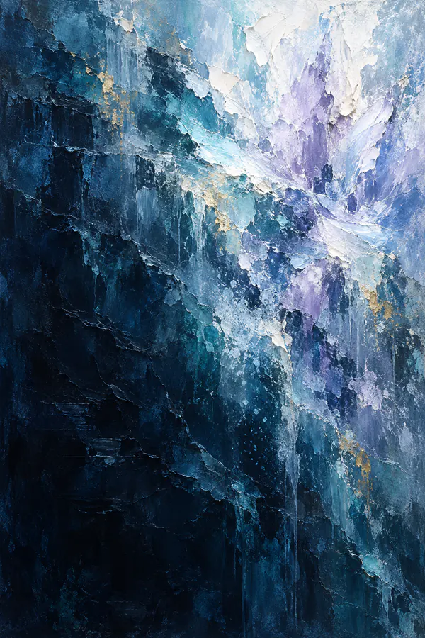 深海蓝背景中柔白与浅金花形舒展的抽象油画