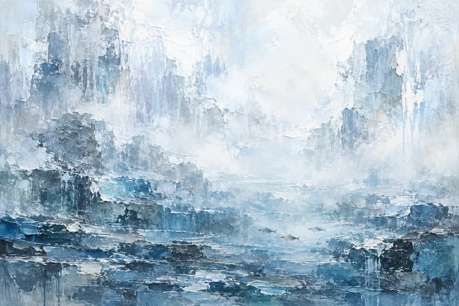 蓝色水面与浅色远岸交叠的抽象油画