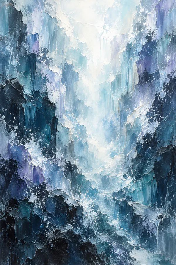 蓝绿色之间一束浮光形成门形的抽象油画