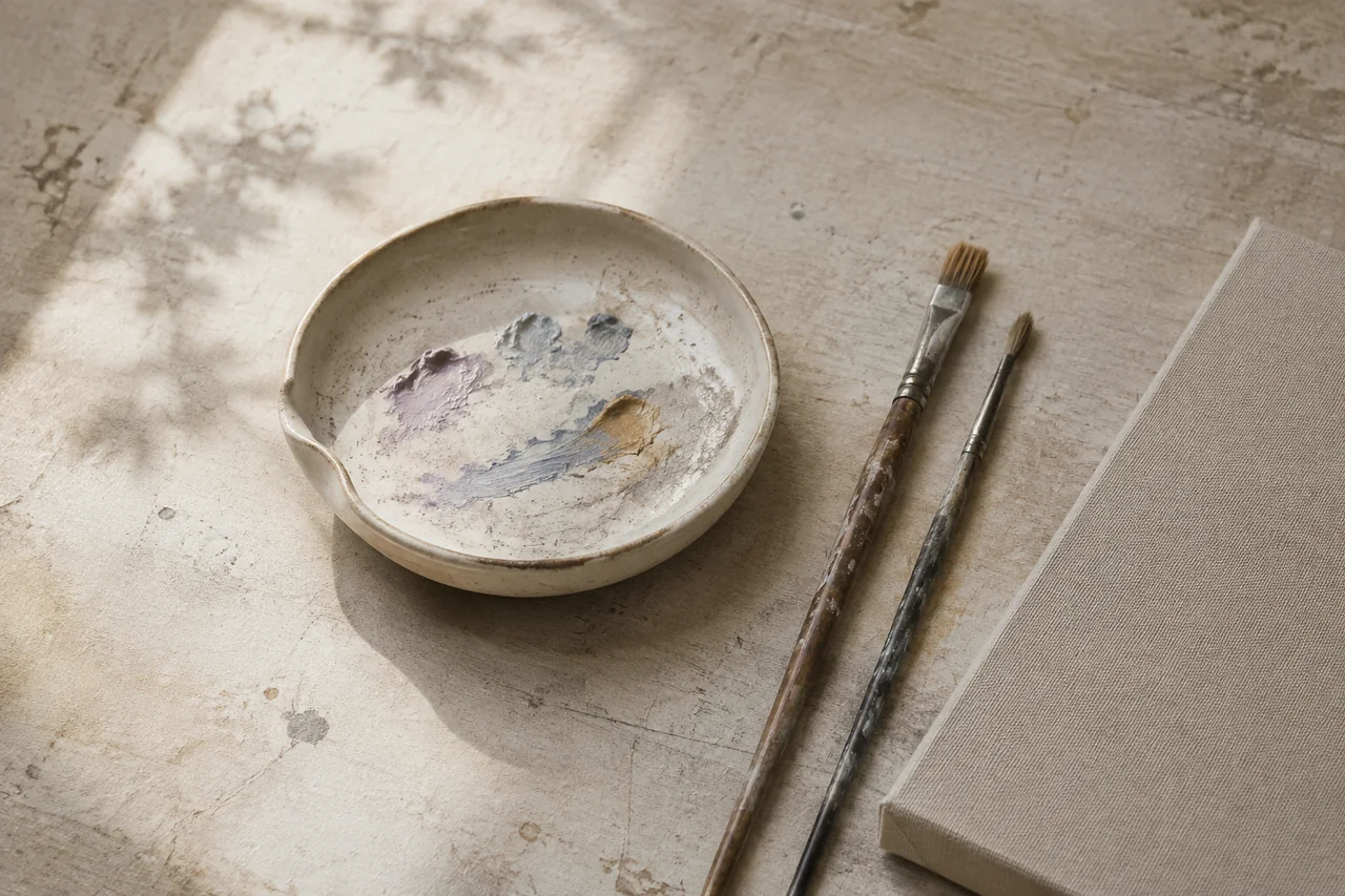 调色碟、画笔与亚麻画布